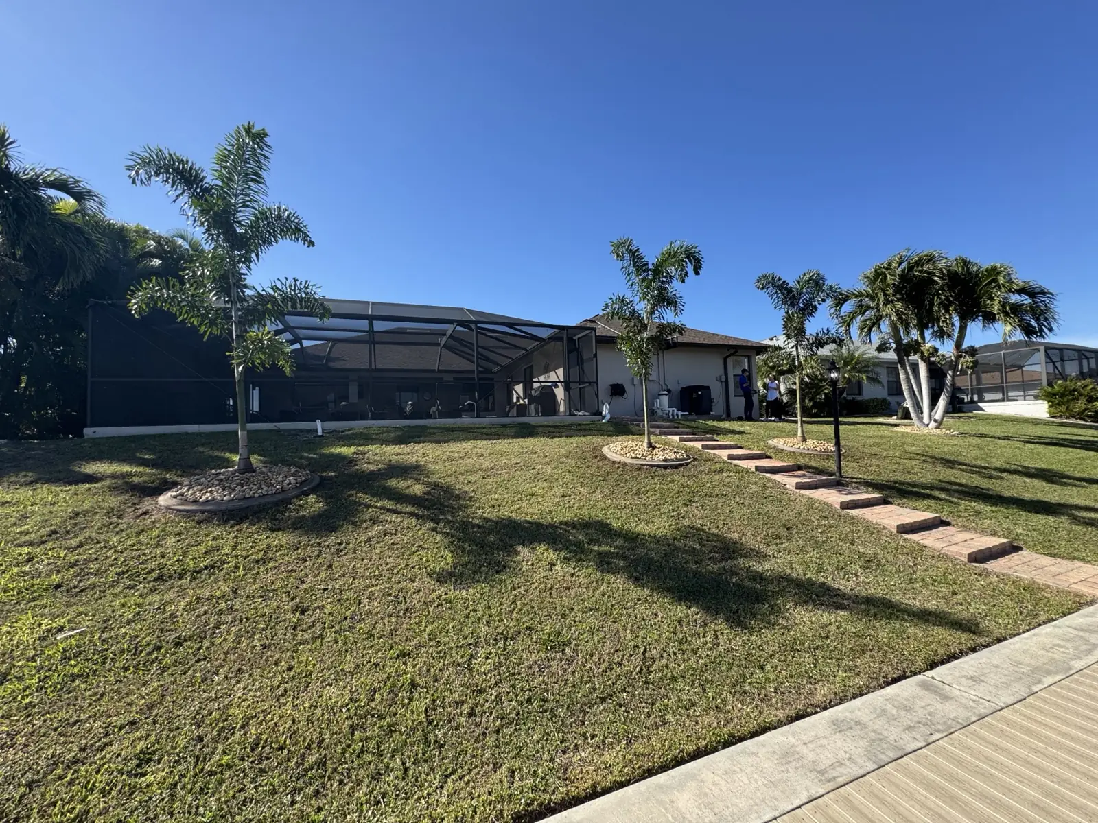 Palm planting mulch rings paver path, Cape Coral, Florida, by Blue Collar Q